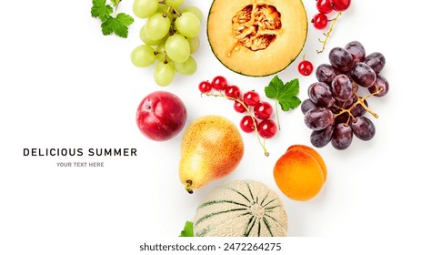 Melon, grape, pear, apricot, plum, red currant  summer fruit berry composition isolated on white background. Healthy eating food concept. Top view, flat lay. Creative layout. Design element
 - Powered by Shutterstock