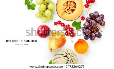 Melon, grape, pear, apricot, plum, red currant  summer fruit berry composition isolated on white background. Healthy eating food concept. Top view, flat lay. Creative layout. Design element
