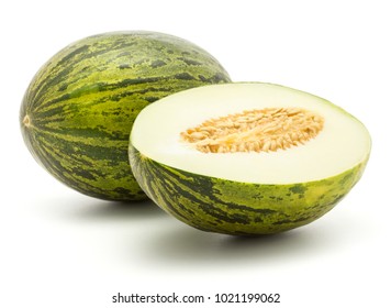 Melon Piel de Sapo (Santa Claus Christmas variety) isolated on white background green striped outer rind one whole and section half with seeds
 - Powered by Shutterstock