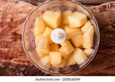 Melon. Sliced Melon For Making Fruit Dessert In Blender For Proper Nutrition On An Old Wooden Background. Mock Up. Top View.