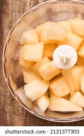 Melon. Sliced Melon For Making Fruit Dessert In Blender For Proper Nutrition On An Old Wooden Background. Mock Up. Top View.