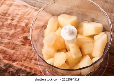 Melon. Sliced Melon For Making Fruit Dessert In Blender For Proper Nutrition On An Old Wooden Background. Mock Up. Top View.