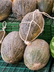 Melons For Sale At A Street Stall, Have Been Grown In Local Orchards In A Traditional And Organic Way.