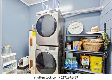 Melrose, FL USA - June 26 2022: Laundry Room With Stackable Washer And Dryer