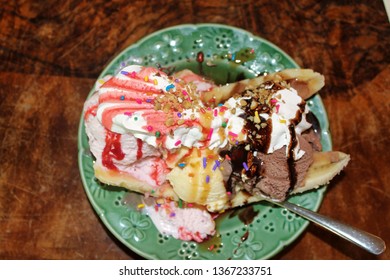 Melted Banana Split On A Plate