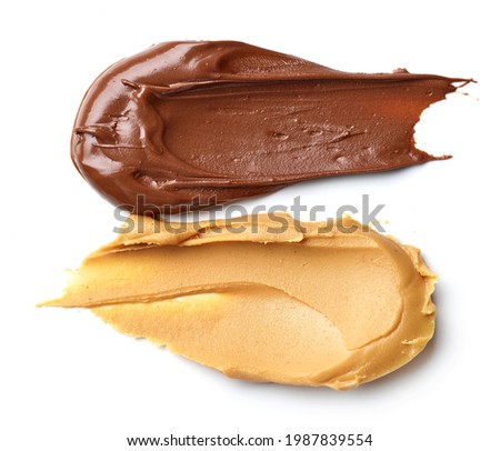 melted chocolate hazelnut cream and peanut butter isolated on white background, top view