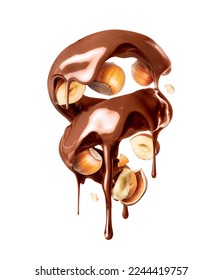 chocolate fundido en forma torcida con avellanas encerradas en un fondo blanco