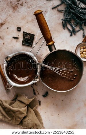 Melted dark chocolate flatlay food photography