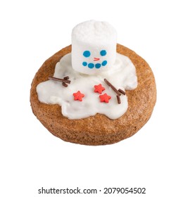 Melted Snowman Cookie Isolated On White Background. Homemade  Holiday Gingerbread With Marshmallow For Christmas. 