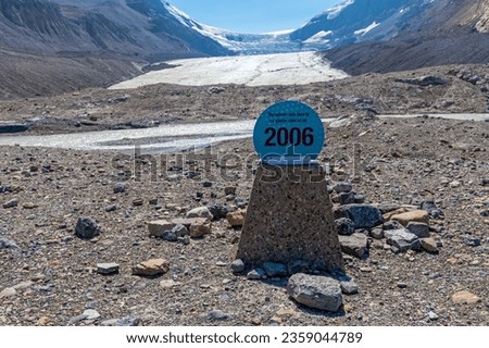 The melting Athabasca Glacier with the retreat between 2006 and 2023 due to climate change and global warming, Jasper and Banff national park, Icefields parkway, Canada.