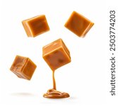 Melting Caramel cubes set isolated on white background. Flying caramel cubes collection isolated on white background. Melting caramel candies chocolate. Isolated on white background.