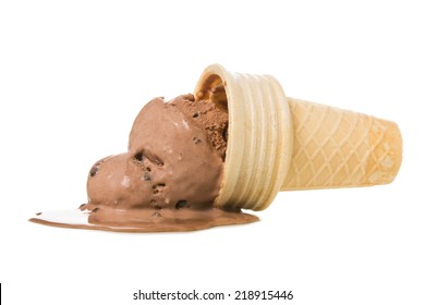 Melting Chocolate Ice Cream In Cone Isolated On White Background.