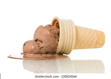 Melting chocolate ice cream in cone isolated on white background.
