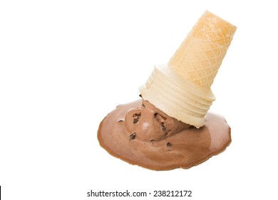 Melting chocolate ice cream in cone upside down on white background.