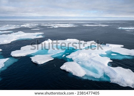 Melting ice at the edge of the ice pack in the arctic ocean, ice bergs floating in the ocean in the far north, signs of global warming and climate change
