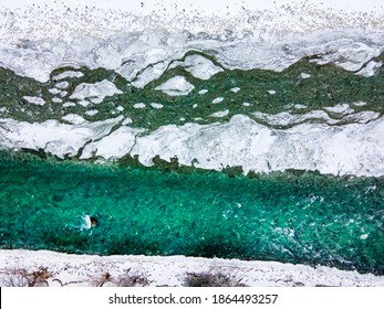 Melting Ice On The River Top View, Aerial View,