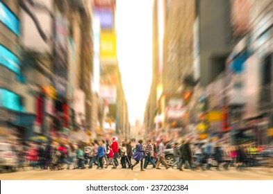 Melting pot people walking on zebra crossing and traffic jam on 7th avenue in Manhattan before sunset - Crowded streets of New York City during rush hour in urban business area - Shutterstock ID 237202384
