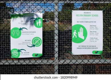 Melton, Suffolk, UK - 24 September 2020: Covid 19 Rules On A Primary School Gate.