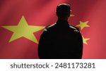 Member of chinese army doing saluting hand gesture towards China flag in command center, showing respect. Military unit in uniform serving Chinese Communist Party, doing honoring gesturing, camera A