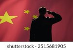 Member of chinese army doing saluting hand gesture towards China flag in command center, showing respect. Military unit in uniform serving Chinese Communist Party, doing honoring gesturing, camera B