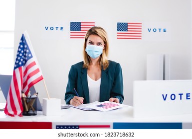 Member Of Electoral Commission In Polling Place, Usa Elections And Coronavirus.