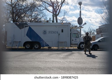 A Member Of The National Guard Stands In Front Of A FEMA Truck On January 19, 2021 In Washington D.C. 