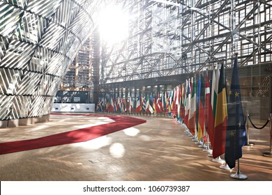 The Member States Flags Of The European Union In EU Council Building In Brussels, Belgium On April 29, 2017