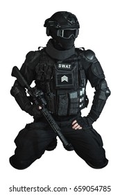 Member Of The SWAT Team With An Assault Rifle On White Background (isolated). Special Weapons And Tactics. Special Forces.