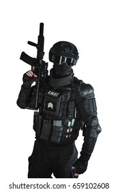 Member Of The SWAT Team With An Assault Rifle On White Background (isolated). Special Weapons And Tactics. Special Forces.