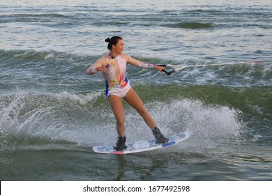 Members Of The Chinese Water Skiing Team Perform Water Tricks And Rowing At The Pool Scene In Kunming, Capital Of Southwest China's Xi 'an, Aug. 14, 2019.