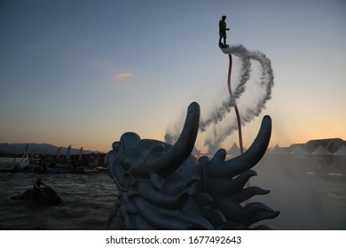 Members Of The Chinese Water Skiing Team Perform Water Tricks And Rowing At The Pool Scene In Kunming, Capital Of Southwest China's Xi 'an, Aug. 14, 2019.