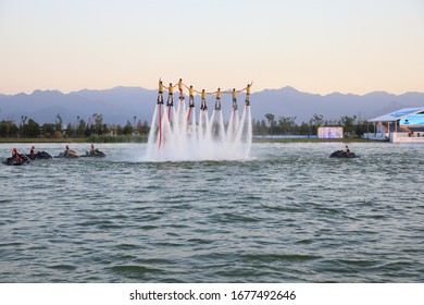 Members Of The Chinese Water Skiing Team Perform Water Tricks And Rowing At The Pool Scene In Kunming, Capital Of Southwest China's Xi 'an, Aug. 14, 2019.