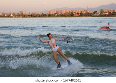 Members Of The Chinese Water Skiing Team Perform Water Tricks And Rowing At The Pool Scene In Kunming, Capital Of Southwest China's Xi 'an, Aug. 14, 2019.