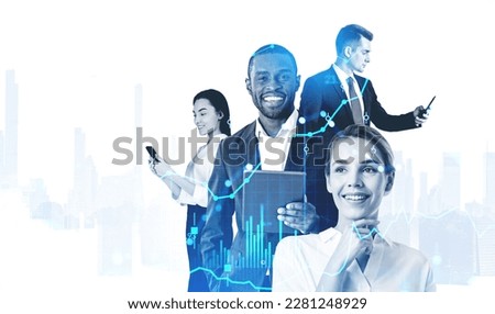 Members of diverse business team using gadgets in city with double exposure of blurry financial charts. Concept of teamwork and stock market