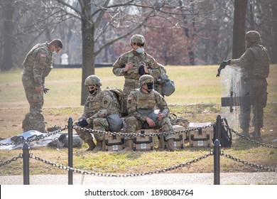 Members Of The National Guard Are Seen Guarding The National Mall On January 19, 2021 In Washington D.C. 