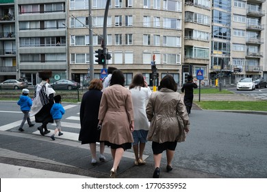 Members Of Ultra-Orthodox Jewish Community Return From The Synagogue After A Religion Service In Antwerp, Belgium, On Shabbat, July 4, 2020.
