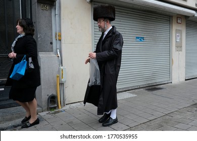 Members Of Ultra-Orthodox Jewish Community Return From The Synagogue After A Religion Service In Antwerp, Belgium, On Shabbat, July 4, 2020.
