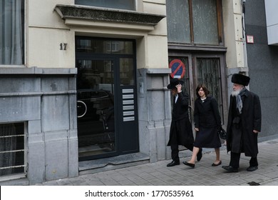 Members Of Ultra-Orthodox Jewish Community Return From The Synagogue After A Religion Service In Antwerp, Belgium, On Shabbat, July 4, 2020.
