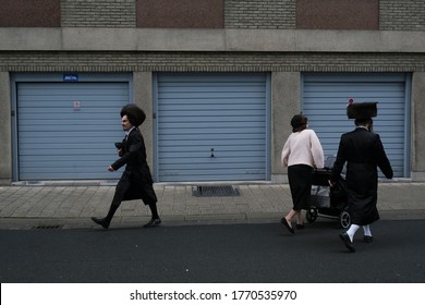 Members Of Ultra-Orthodox Jewish Community Return From The Synagogue After A Religion Service In Antwerp, Belgium, On Shabbat, July 4, 2020.
