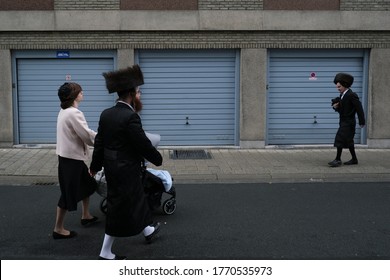 Members Of Ultra-Orthodox Jewish Community Return From The Synagogue After A Religion Service In Antwerp, Belgium, On Shabbat, July 4, 2020.
