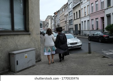 Members Of Ultra-Orthodox Jewish Community Return From The Synagogue After A Religion Service In Antwerp, Belgium, On Shabbat, July 4, 2020.
