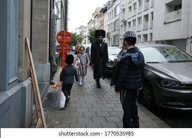 Members Of Ultra-Orthodox Jewish Community Return From The Synagogue After A Religion Service In Antwerp, Belgium, On Shabbat, July 4, 2020.
