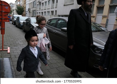 Members Of Ultra-Orthodox Jewish Community Return From The Synagogue After A Religion Service In Antwerp, Belgium, On Shabbat, July 4, 2020.
