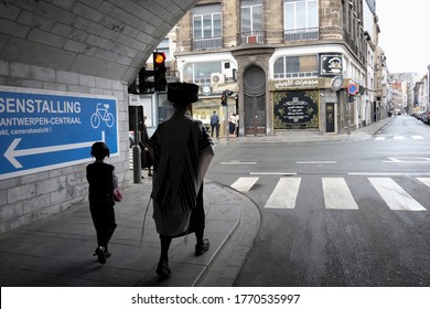 Members Of Ultra-Orthodox Jewish Community Return From The Synagogue After A Religion Service In Antwerp, Belgium, On Shabbat, July 4, 2020.
