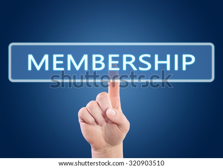 Membership - hand pressing button on interface with blue background.