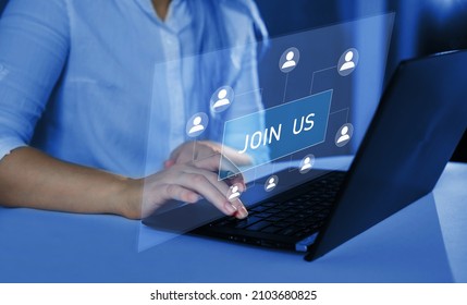 Membership Hiring And Join Us Team Recruitment. Virtual Screen With Advertise Hiring Opportunities. Human Resources Recruitment Concept.