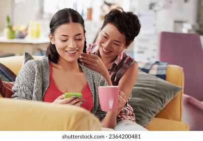 Meme, phone or friends on social media to relax reading funny gossip content on blog website for entertainment. House, happy or fun young girls braiding hair while talking, speaking or posting online - Powered by Shutterstock