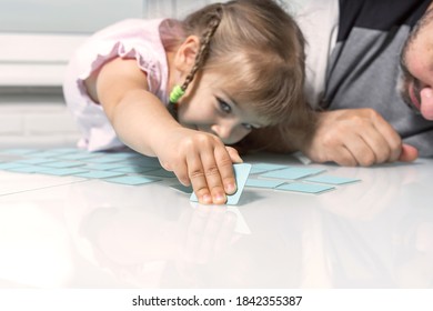 Memo Cards For Early Childhood Memory Development/ Dad And Little Daughter Play Together