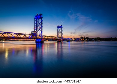 The Memorial Bridge over the Piscataqua River at night, in Portsmouth, New Hampshire.