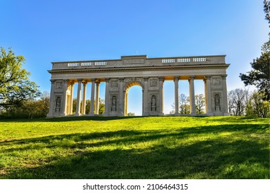 Memorial building of the colonnade at Reistna in the summer on the green grass. Historic monument with a series of columns, South Moravia, Czech Republic.